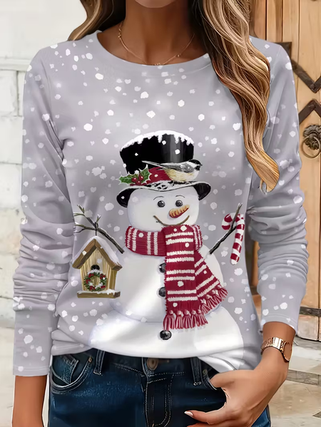

Women Christmas Snowman Long Sleeve Tee T-shirt Crew Neck Printing Casual Spring/Fall Graphic Tee Top, Gray, T-Shirts