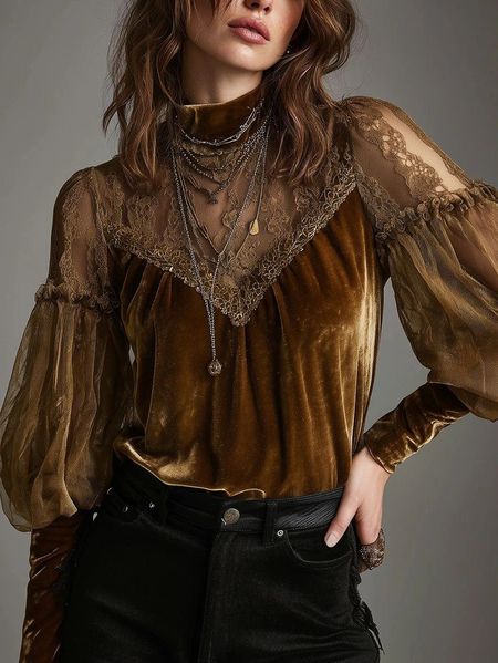 

Velvet Elegant Plain Printing Stand Collar Puff Sleeve Blouse, As picture, Blouses and Shirts