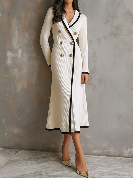 

Elegant Color Block Buttoned Shawl Collar Sweater Dress, White, Midi Dresses