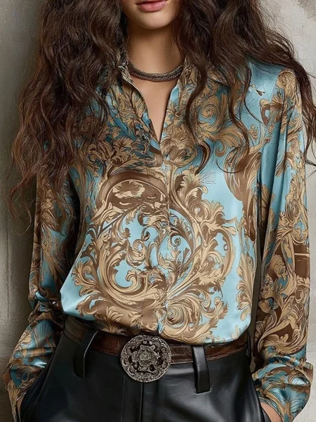 

Urban Paisley Printing Shirt Collar Shirt, Blue, Blouses and Shirts