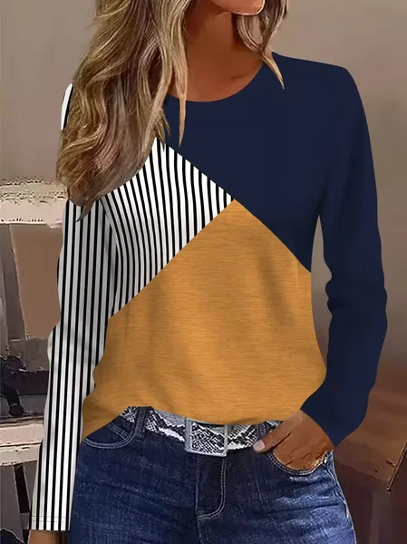 Women Contrast Stitching Long Sleeve Tee T-shirt Crew Neck Printing Casual Spring/Fall Graphic Tee Top