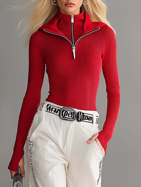 

Knitted Casual Plain Zipper Mock Neck Sweater, Red, Pullovers