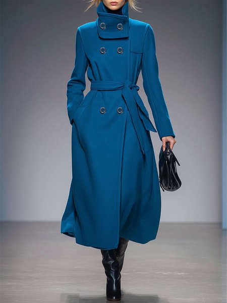

Urban Buttoned Plain Stand Collar Coat With Belt, Blue, Coats