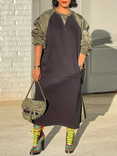 

Casual Color Block Split Joint Midi Dress, Army green, Midi Dresses