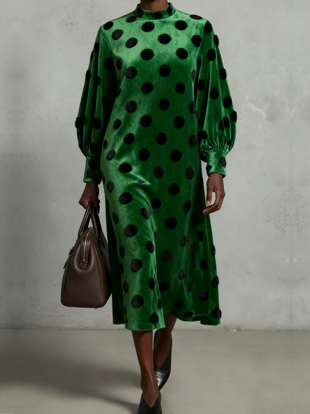 

Urban Polka Dots Stand Collar Midi Dress, Green, Midi Dresses