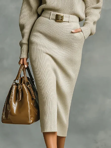 

Urban Plain Sweater Skirt With Belt, Apricot, Skirts