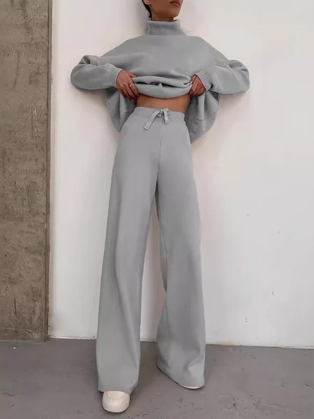 

Women Plain Lace-up Two-Piece Set Daily Long Sleeve Casual Spring/Fall Top With Pants Matching Set, Gray, Suit Set