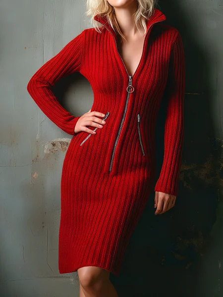 Urban Plain Zipper Mock Neck Knee Length Sweater Dress