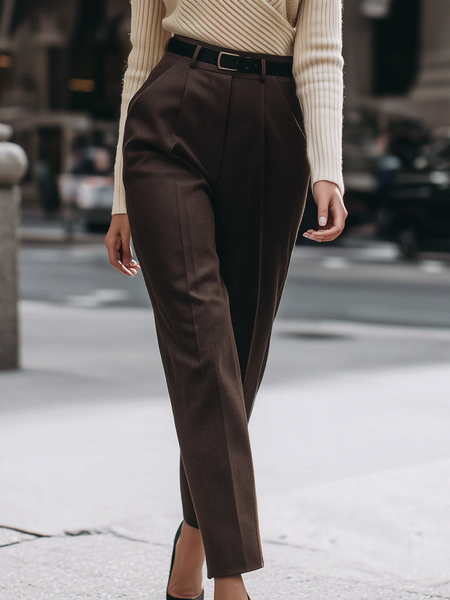 

Urban Plain Straight Pants With Belt, Brown, Pants