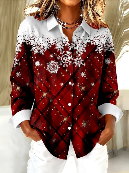 Women Christmas Long Sleeve Shirt Spring/Fall Buckle Shirt Collar Regular Sleeve Daily Casual Top