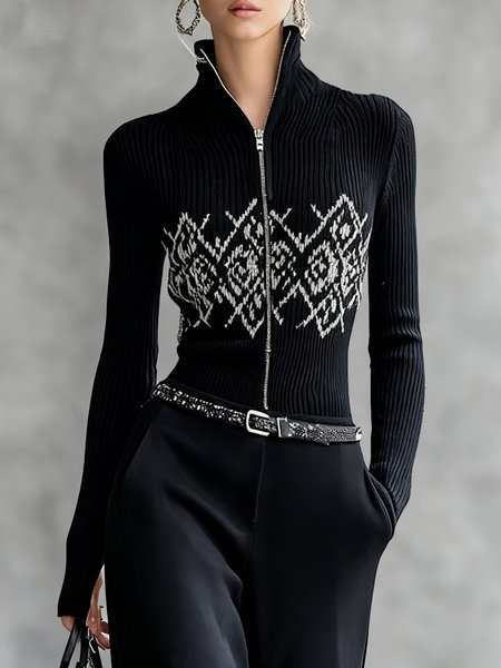 

Urban Geometric Zipper Sweater Cardigan, Black, Cardigans