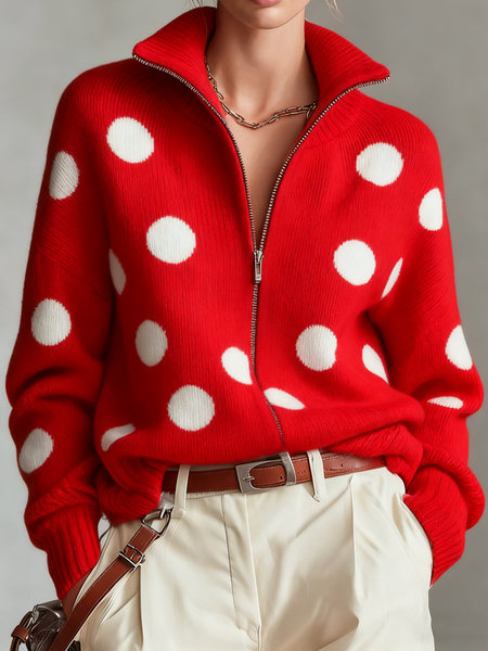 

Casual Polka Dots Stand Collar Sweater Cardigan, Red, Cardigans