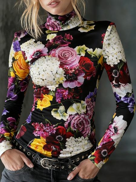 

Urban Floral Printing Mock Neck T-shirt, As picture, Tees