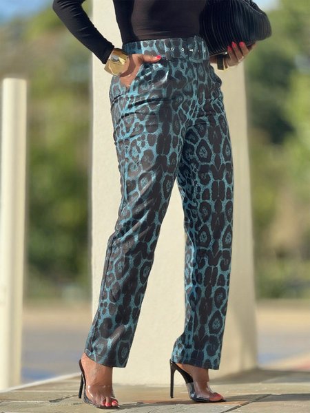 

Urban Animal Print Printing Straight Pants With Belt, Blue, Pants