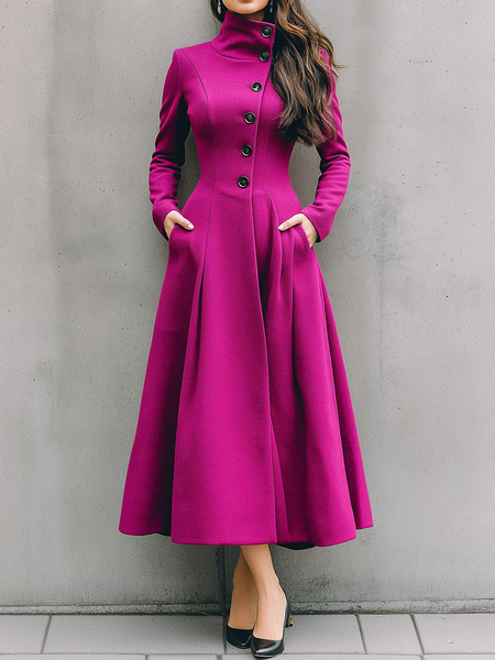 

Urban Buttoned Plain Mock Neck Coat, Purple, Coats
