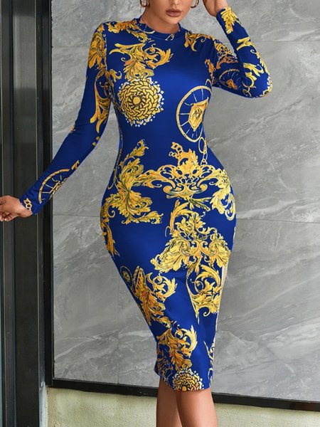 

Elegant Random Print Printing Crew Neck Knee Length Dress, Blue, Midi Dresses