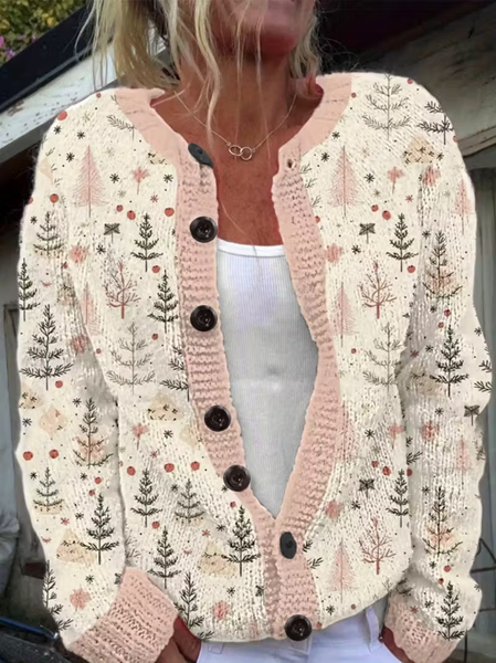 

Women Christmas Printing Long Sleeve Crew Neck Vintage Spring/Fall Cardigan Outerwear, Apricot, Cardigans