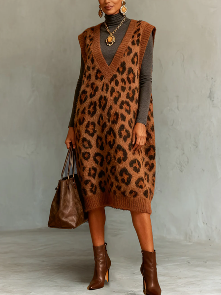 

Urban Leopard V Neck Midi Dress No T-shirt, Brown, Midi Dresses