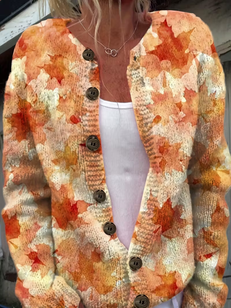 

Women Maple Leaf Printing Long Sleeve Crew Neck Vintage Spring/Fall Cardigan Outerwear, Orange, Cardigans