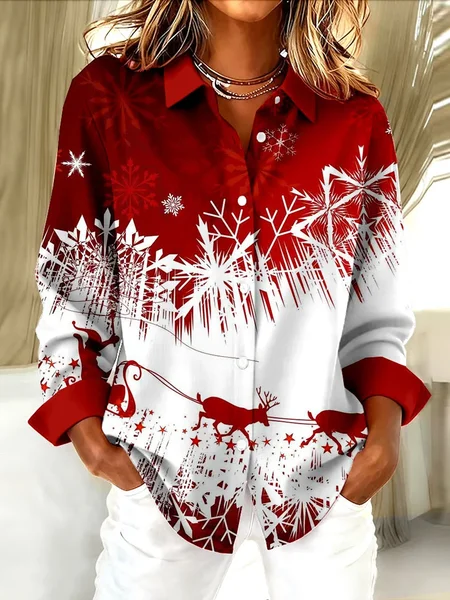 Women Christmas Long Sleeve Shirt Spring/Fall Buckle Shirt Collar Regular Sleeve Daily Casual Top