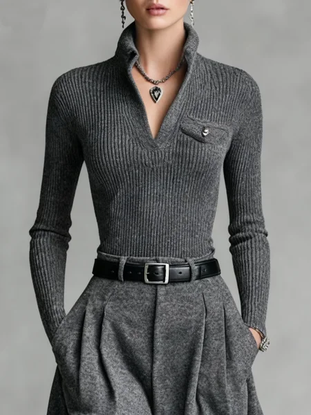 

Yarn/Wool Yarn Casual Plain Buttoned Sweater, Gray, Pullovers