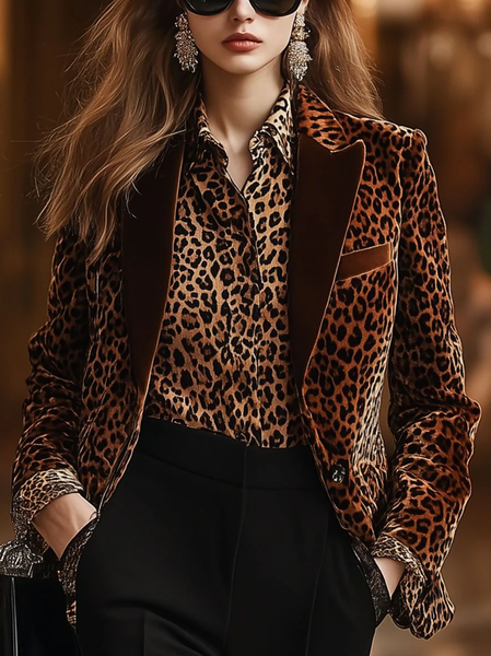 Urban Buttoned Leopard Lapel Collar Blazer