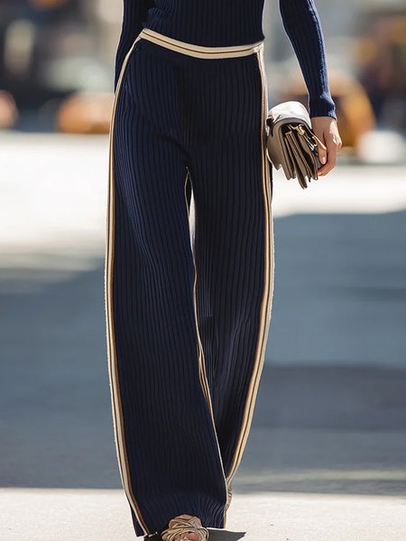 

Casual Color Block Sweater Straight Pants, Navy blue, Pants