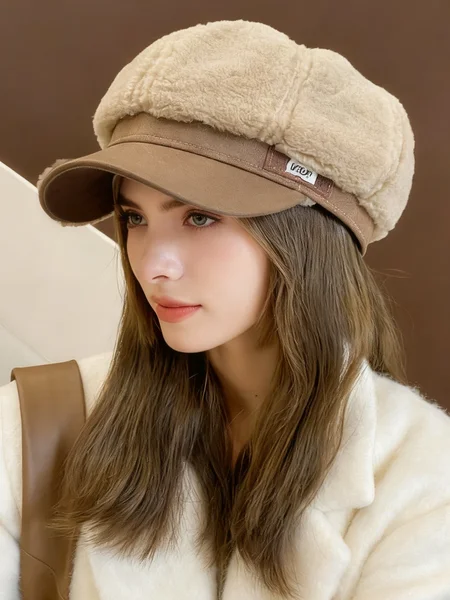 Winter cashmere fashion leather label octagonal hat winter warm cold-proof duckbill hat