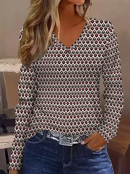 

Women Abstract Long Sleeve Tee T-shirt V Neck Printing Casual Spring/Fall Graphic Tee Top, As picture, T-Shirts