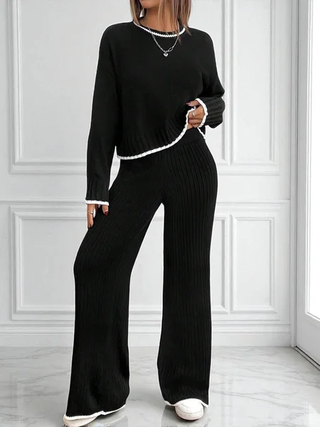 

Casual Color Block Crew Neck Two-Piece Set, Black, Suits