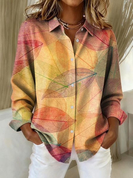 

Women Leaf Long Sleeve Shirt Spring/Fall Buckle Shirt Collar Regular Sleeve Daily Casual Top, Orange, Shirts