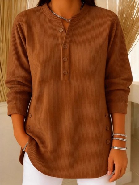 

Casual Plain Stand Collar Blouse, Deep brown, Long Sleeves