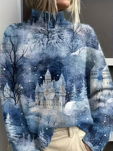 

Women Christmas Printing Spring/Fall Vintage Long Sleeve Turtleneck Sweater, Blue, Sweaters
