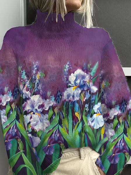 

Women Floral Printing Spring/Fall Vintage Long Sleeve Turtleneck Sweater, Purple, Sweaters