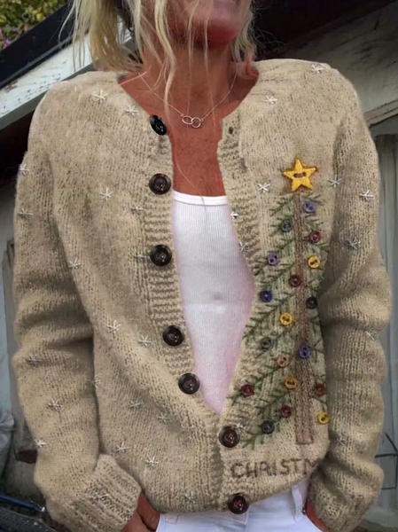 

Women Christmas Printing Long Sleeve Crew Neck Vintage Spring/Fall Cardigan Outerwear, Oatmeal, Cardigans