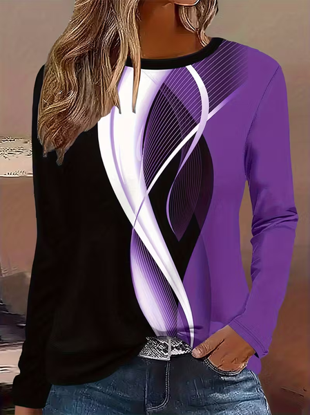 

Casual Abstract Crew Neck Long Sleeve T-shirt, Purple, T-shirts