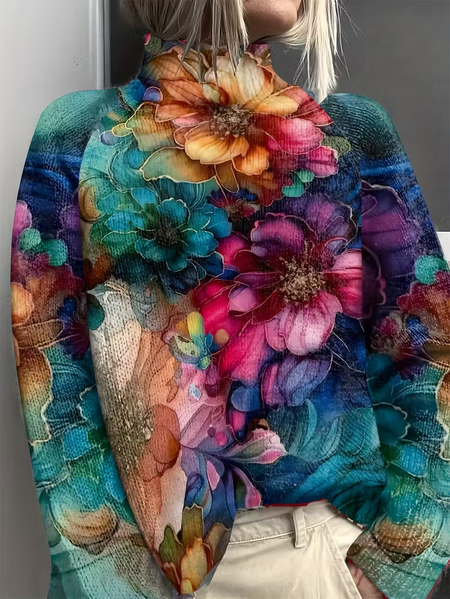 

Women Floral Printing Spring/Fall Vintage Long Sleeve Turtleneck Sweater, As picture, Sweaters