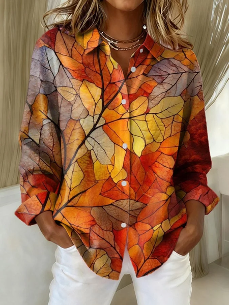 

Women Maple Leaf Long Sleeve Shirt Spring/Fall Buckle Shirt Collar Regular Sleeve Daily Casual Top, Orange, Shirts