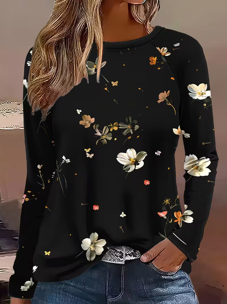 

Casual Floral Crew Neck Long Sleeve T-shirt, Black, T-shirts