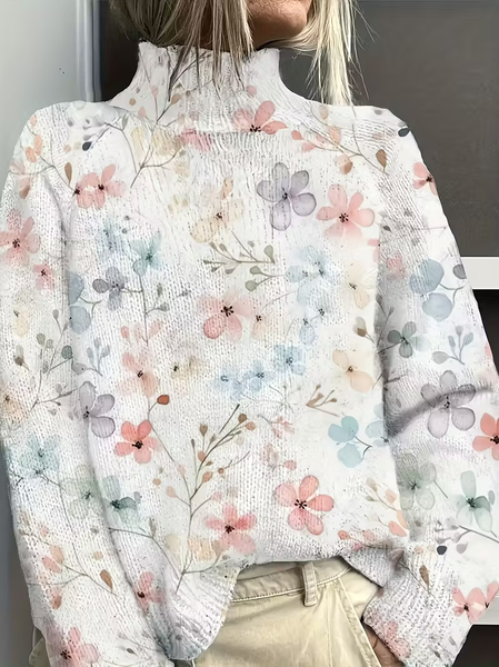 

Women Floral Printing Spring/Fall Vintage Long Sleeve Turtleneck Sweater, White, Sweaters