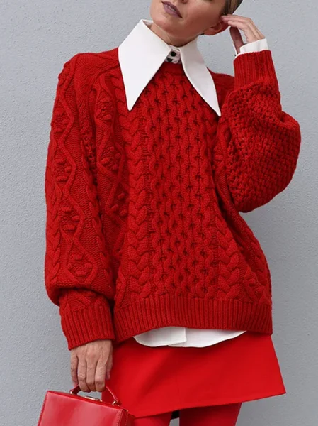 

Casual Plain Crew Neck Sweater, Red, Pullovers