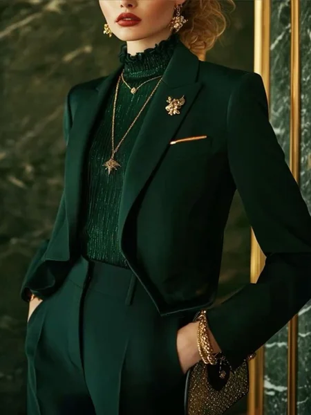 

Urban Buttoned Plain Cross Neck Jacket With Brooch, Green, Jackets