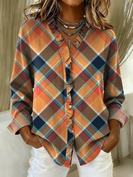 

Lace Collar Long Sleeve Geometric Regular Loose Shirt For Women, Color3, Shirts