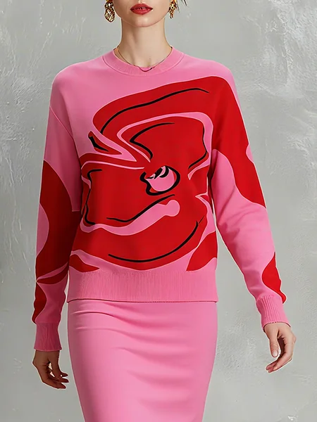 

Elegant Floral Crew Neck Sweater, As picture, Pullovers