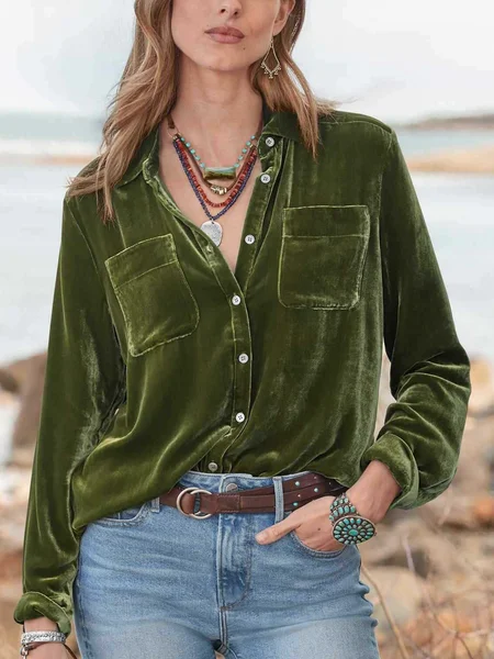 

Shawl Collar Half Sleeve Plain Split Joint Regular Micro-Elasticity Loose Western Shirt Shirt For Women, Army green, Shirts