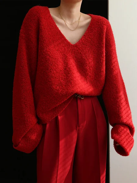 

Casual Plain V Neck Regular Sleeve Sweater, Red, Pullovers