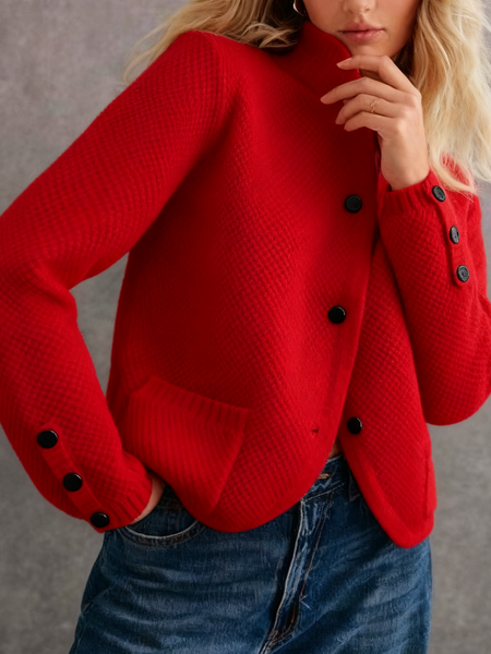 

Casual Plain Stand Collar Sweater Cardigan, Red, Cardigans