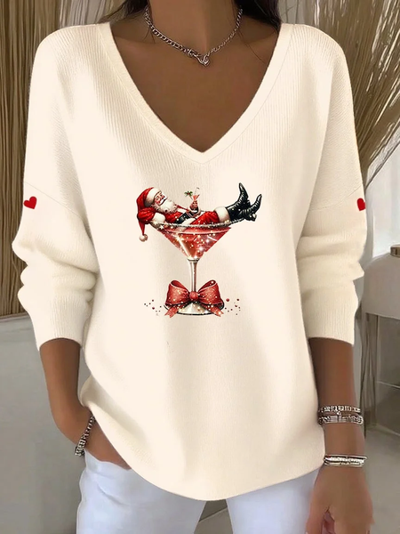 

Women Santa Claus Long Sleeve Tee T-shirt V Neck Printing Casual Spring/Fall Top, Apricot, T-Shirts