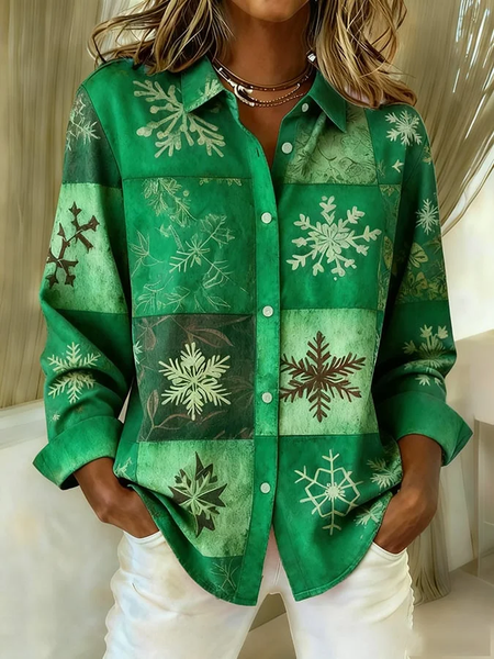 

Women Christmas Long Sleeve Shirt Spring/Fall Buckle Shirt Collar Regular Sleeve Daily Casual Top, Green, Shirts