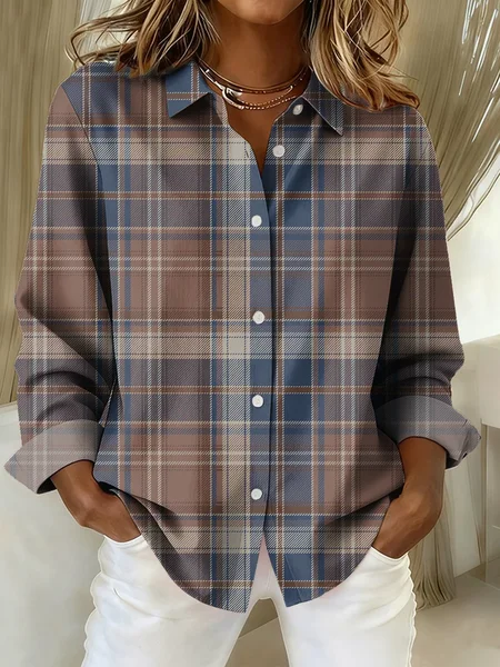 

Shirt Collar Regular Sleeve Long Sleeve Plaid Buckle Regular Loose Button Up Shirt Shirt For Women, Blue, Shirts